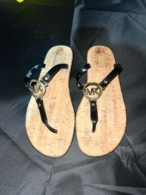 Michael Kors Black and Cork Logo Thong Sandals